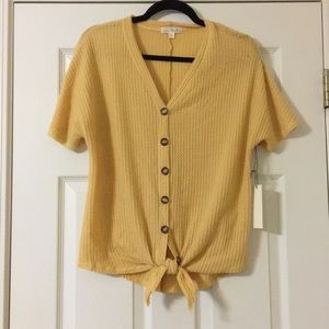 Yellow short sleeve tie front button down top
